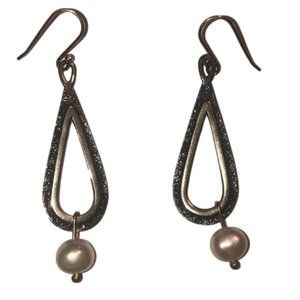VTG Pearl Sterling Hammered Large Teardrop Dangle Earrings 925 Isreal